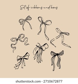 Set of hand drawn various ribbons and bows. Christmas, and New Year, Minimalist drawing sketch. Vintage vector illustration ink doodle style. For poster, greeting cards, wedding invitations, branding