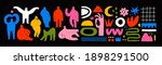 Set of Hand drawn various Shapes and Doodle objects and People silhouettes. Abstract contemporary modern trendy Vector illustrations. Colorful palette. All elements are isolated
