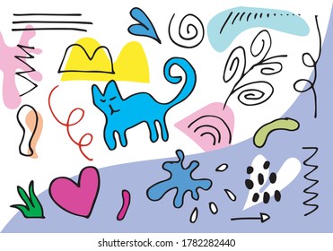 Set of hand drawn various shapes and doodle objects. Abstract contemporary modern trendy vector illustration. All elements are isolated.