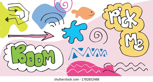 Set of hand drawn various shapes and doodle objects. Abstract contemporary modern trendy vector illustration. All elements are isolated.
