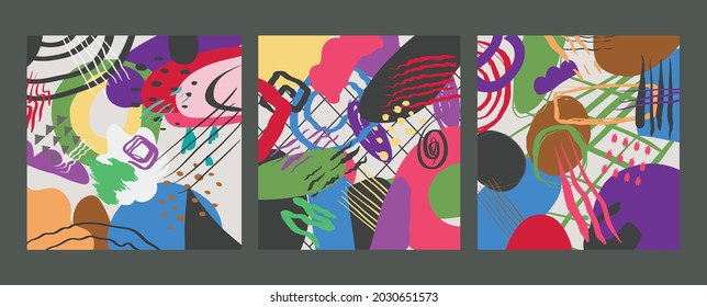 Conjunto de manos dibujó varias formas y círculos, puntos de polka, puntos y guiones. estilo de color único. Resumen del patrón contemporáneo sin fisuras. Ilustración moderna de patchwork en vectores para paredes y más