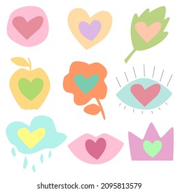 Conjunto de formas dibujadas a mano con corazones