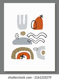 Conjunto de formas dibujadas a mano y elementos de esquema aislados en un fondo blanco. Composición vectorial minimalista con figuras naturales abstractas. Diseño de portada para marketing, afiche, tarjetas, decoración casera.