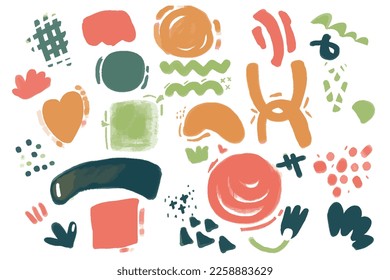 Set . Hand drawn various shapes and doodle objects. Abstract contemporary modern trendy vector illustration. Stamp texture. Every pattern is isolated