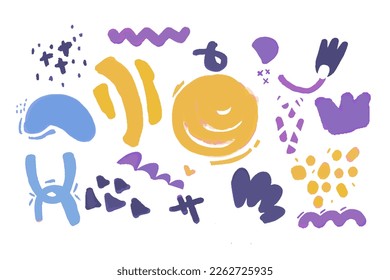 Set . Hand drawn various shapes and doodle objects. Abstract contemporary modern trendy vector illustration. Stamp texture. Every pattern is isolated