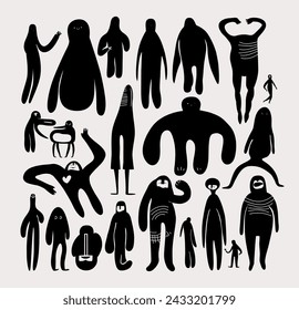 Set of Hand drawn various Shapes and Doodle objects and Silhouettes of People. Abstract, Contemporary, and Trendy Vector Illustrations. Black monochrome concept. Dark theme. All elements are isolated.