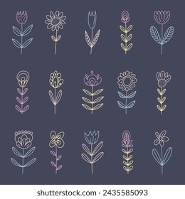 Conjunto de varias formas dibujadas a mano y flores de garabato. Ilustración abstracta del vector.