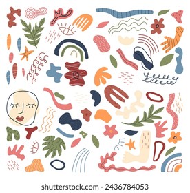 Conjunto de varias formas dibujadas a mano y objetos de garabato. Ilustración vectorial moderna moderna abstracta. Textura de sello. Todos los elementos están aislados