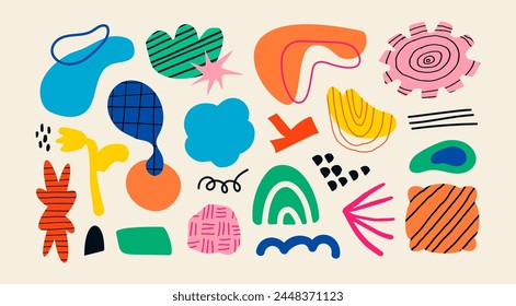 Set of hand drawn various shapes and doodle objects. Abstract contemporary modern trendy vector illustration. Stamp texture. All elements are isolated
