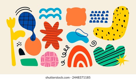 Conjunto de Formas dibujadas a mano y objetos de garabato. Abstractas Ilustración vectorial contemporánea moderna de moda. Textura de sello. Todos los Elementos están aislados
