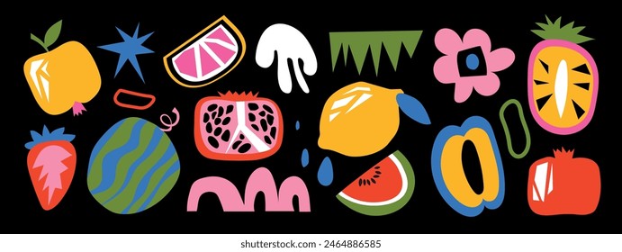 Conjunto de Formas dibujadas a mano y frutas coloridas. Abstractas Ilustraciones vectoriales modernas y modernas sobre un fondo oscuro.  Todos los Elementos están aislados.