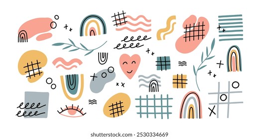 Set of hand drawn various shapes and doodle elements. Abstract trendy vector big set. Rainbow, heart, eye, plants. Scandinavian illustration