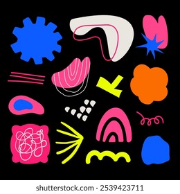 Conjunto de varias Formas dibujadas a mano y objetos doodle. Abstractas Ilustración vectorial moderna contemporánea. Textura del sello. Todos los Elementos están aislados

