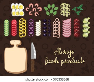 Set of hand drawn various sliced ingredients, vegetables, seafood, kitchen herbs, mushrooms, eggs, board and knife. Vector illustration. Can be used for design of cafe, restaurants and pizzeria.