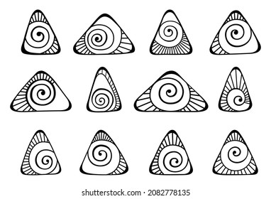 Set of hand drawn various triangles shapes with spirals inside, doodle design elements. Abstract vector shapes, isolated on white background. Black and white colors.