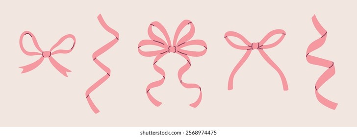 Set of hand drawn various vector ribbons and bows