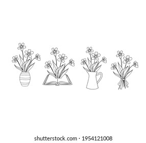 Set of hand drawn vases with flowers. Monochrome. Vector illustration in outline style. Flowers in book and jug.