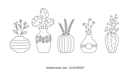 Set of hand drawn vases with flowers and twigs. Line art doodle style. Perfect for cards, decorations, logo. Isolated vector illustartion. 