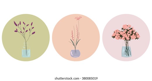 Conjunto de vasos desenhados à mão com flores. Ícones. Ilustração vetorial