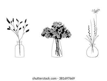 Set of hand drawn Vases with flowers. Monochrome. Vector illustration