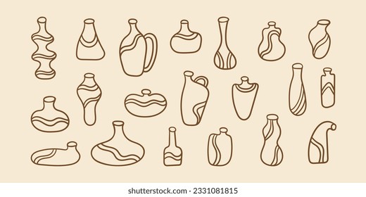 Set of hand drawn vases, jars, vessels, abstract vector illustration, line art doodle