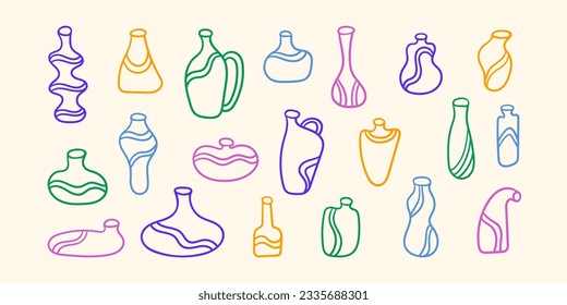 Set of hand drawn vases, jars, vessels, abstract vector illustration, line art doodle