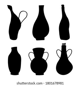 Set of hand drawn vases, pitcher for drinks and bottles isolated on a white background. Doodle, simple illustration, the silhouettes of the elements. It can be used for decoration of textile, paper.