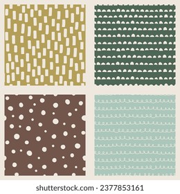Set of hand drawn vector abstract doodle patterns winter. Seamless doodle backgrounds with dots, brush strokes, line swirl.