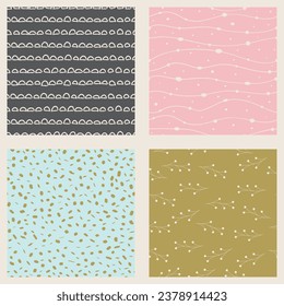 Set of hand drawn vector abstract doodle patterns winter. Seamless doodle backgrounds with dots, brush strokes, line, branches.