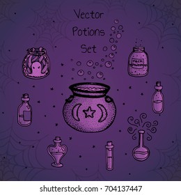 Set of hand drawn vector alchemy bottles. Purple potions, elixirs, vials and cauldrons. Halloween line art.