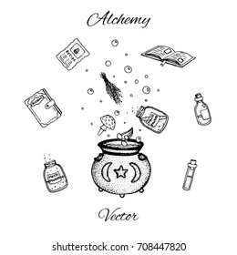 Set of hand drawn vector alchemy bottles. Black outline of potions, vials, herbs, books, mushrooms and cauldron. Halloween line art.
