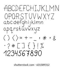 Set of hand drawn vector alphabet with numbers and punctuation marks.