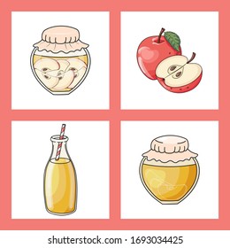 Set of hand drawn vector apple jam jars, juice bottle with ripe fruit. Delicious homemade dessert.