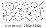 Set of hand drawn vector arrows doodle on white background.  Doddle arrow set. Stock vector.