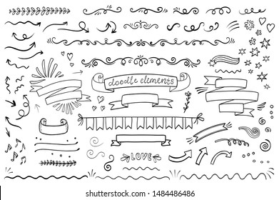 Set of hand drawn vector arrows, ribbons, lines and curves. Collection of isolated doodles for decoration of photos,texts and others.
