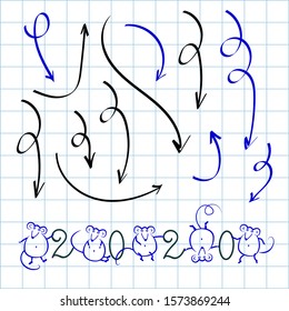 Set of hand drawn vector arrows and rats on an isolated white background in a cage, a notebook sheet.