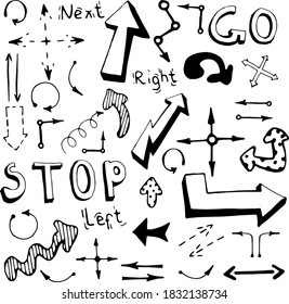 Set of Hand drawn vector arrows doodle on white background. Design elements vector illustration, includes words: stop, right, left, go