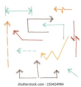 Set of hand drawn vector arrows. Isolated  colored arrows vector collection on white background in sketched style.