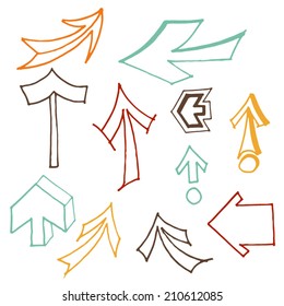 Set of hand drawn vector arrows. Isolated  colored arrows vector collection on white background in sketched style.