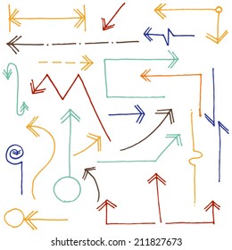 Set of hand drawn vector arrows. Isolated  colored arrows vector collection on white background in sketched style.
