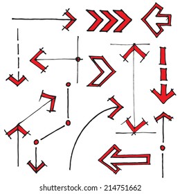 Set of hand drawn vector arrows. Isolated  colored arrows vector collection on white background in sketched style.