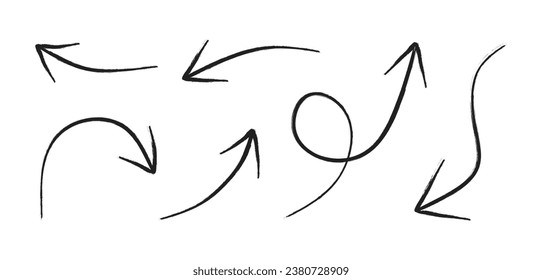 Set of Hand drawn vector arrows. Collection of curved arrows in different directions isolated on white background. Direction pointers in curved and wavy brush strokes with scratches. Vector