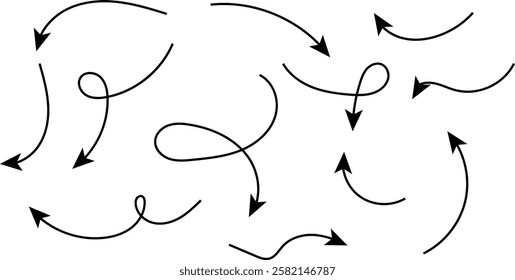 Set of Hand drawn vector arrows doodle on white background.