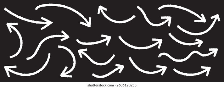 Set of Hand drawn vector arrows doodle on white background. Bold brush drawn arrows. design element vector illustration. Sketchy arrow with pen, crayon, and chalk effects. Hand drawn style with brush 