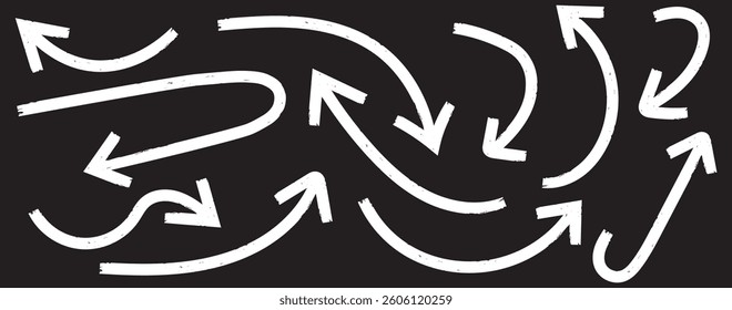 Set of Hand drawn vector arrows doodle on white background. Bold brush drawn arrows. design element vector illustration. Sketchy arrow with pen, crayon, and chalk effects. Hand drawn style with brush 