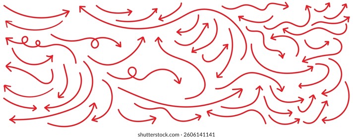 Set of Hand drawn vector arrows doodle on white background. Red Hand drawn arrow collection. Set of Red hand drawn grunge doodle spiral and curved charcoal, chalk arrows. Scribble symbols of direction