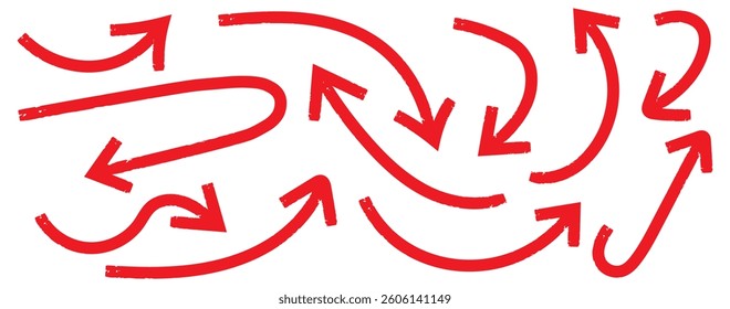 Set of Hand drawn vector arrows doodle on white background. Red Hand drawn arrow collection. Set of Red hand drawn grunge doodle spiral and curved charcoal, chalk arrows. Scribble symbols of direction