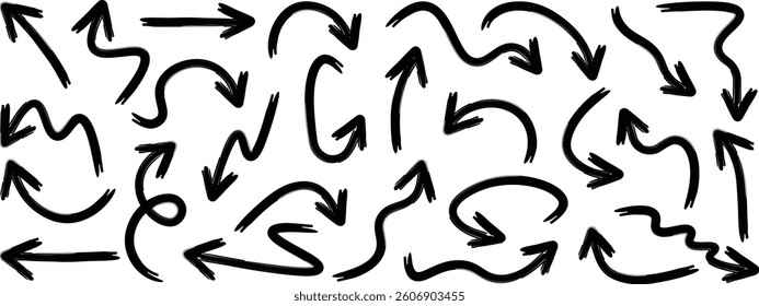 Set of Hand drawn vector arrows doodle vector. Sketch arrow design. Marker drawn arrows. Arrow icons isolated. Curved arrows. Hand drawn black pointers. Set of vector hand drawn arrows