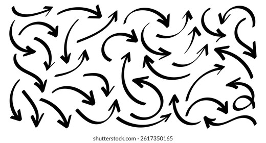 Set of Hand drawn vector arrows doodle style on white background. Hand drawn thin line arrows set. Vector curvy and wavy arrows, hand drawn doodle arrow design.