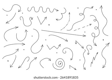 Set of Hand Drawn Vector Arrows on White Background. Doodle flat collection with curved and straight arrows, dash-dotted, dotted elements for web, infographics. 